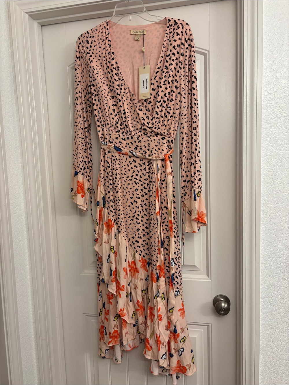 Dark Pink Peach-Pink Floral & Leopard Print Wrap Maxi Dress size 4 Brand new